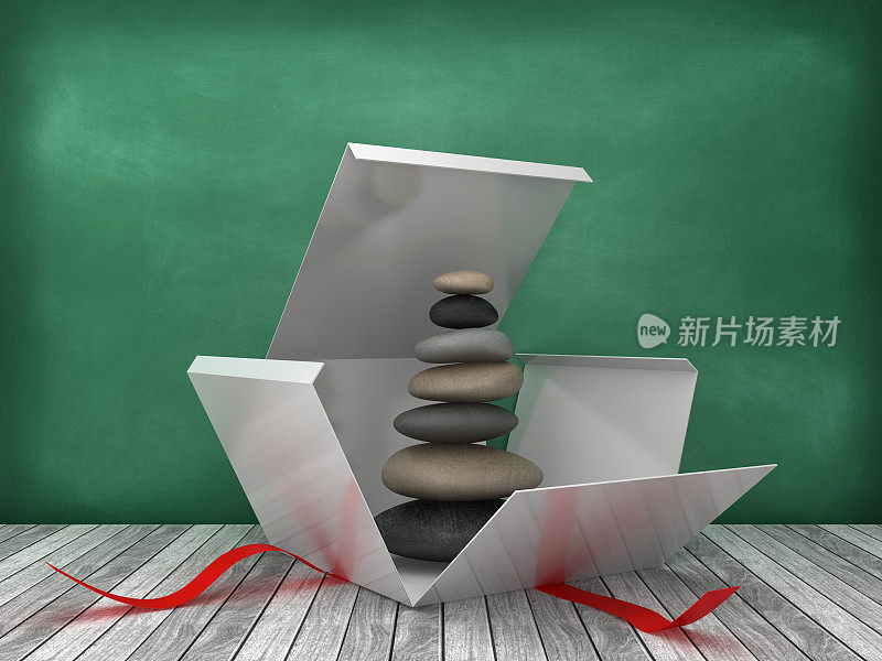礼盒与石头平衡黑板背景- 3D渲染